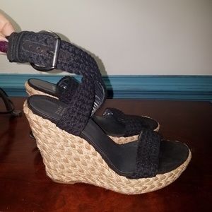 Black woven wedge sandals